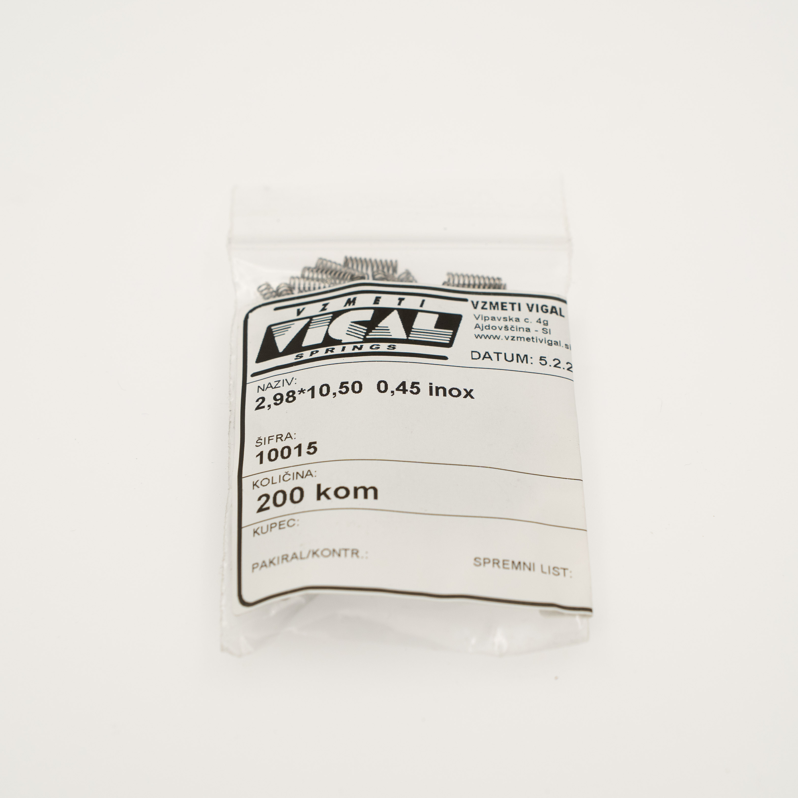 Tlačna vzmet 2,98*10,50  0,45 inox, pakirano po 200 kosov