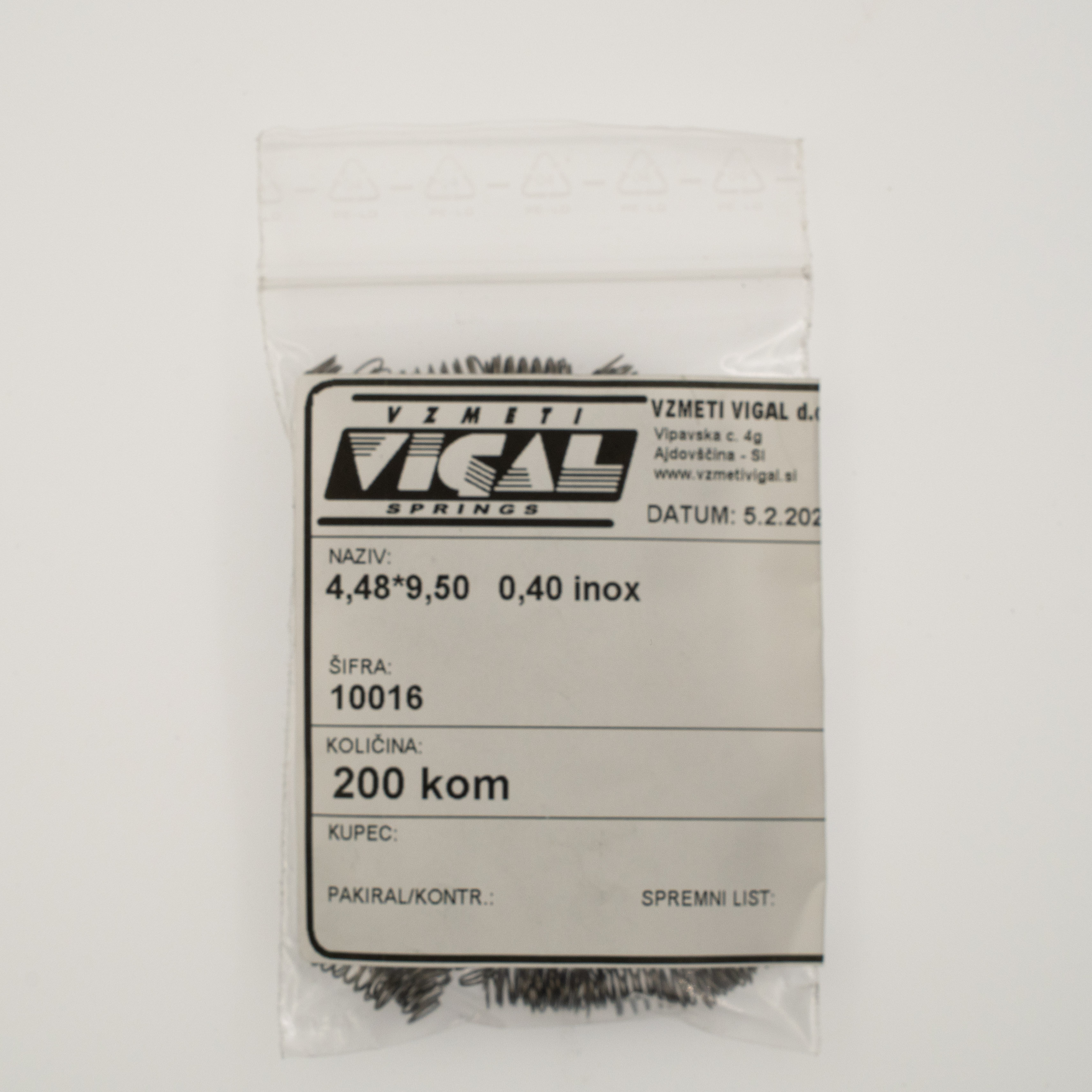 Tlačna vzmet 4,48*9,50   0,40 inox, pakirano po 200 kosov