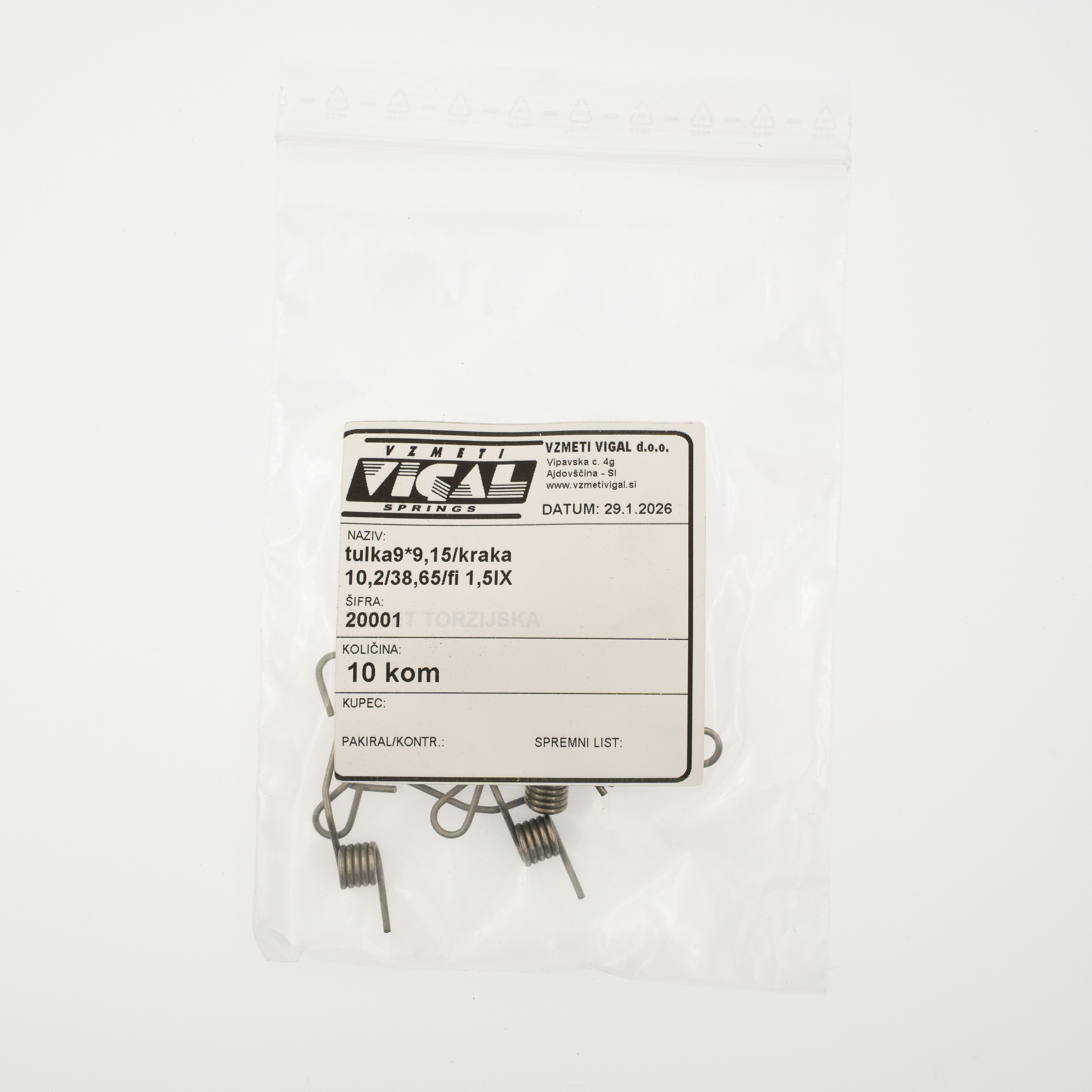 Torzijska vzmet tulka9*9,15, kraka10,2/38,65/fi1,5inox, pakirano po 10 kosov