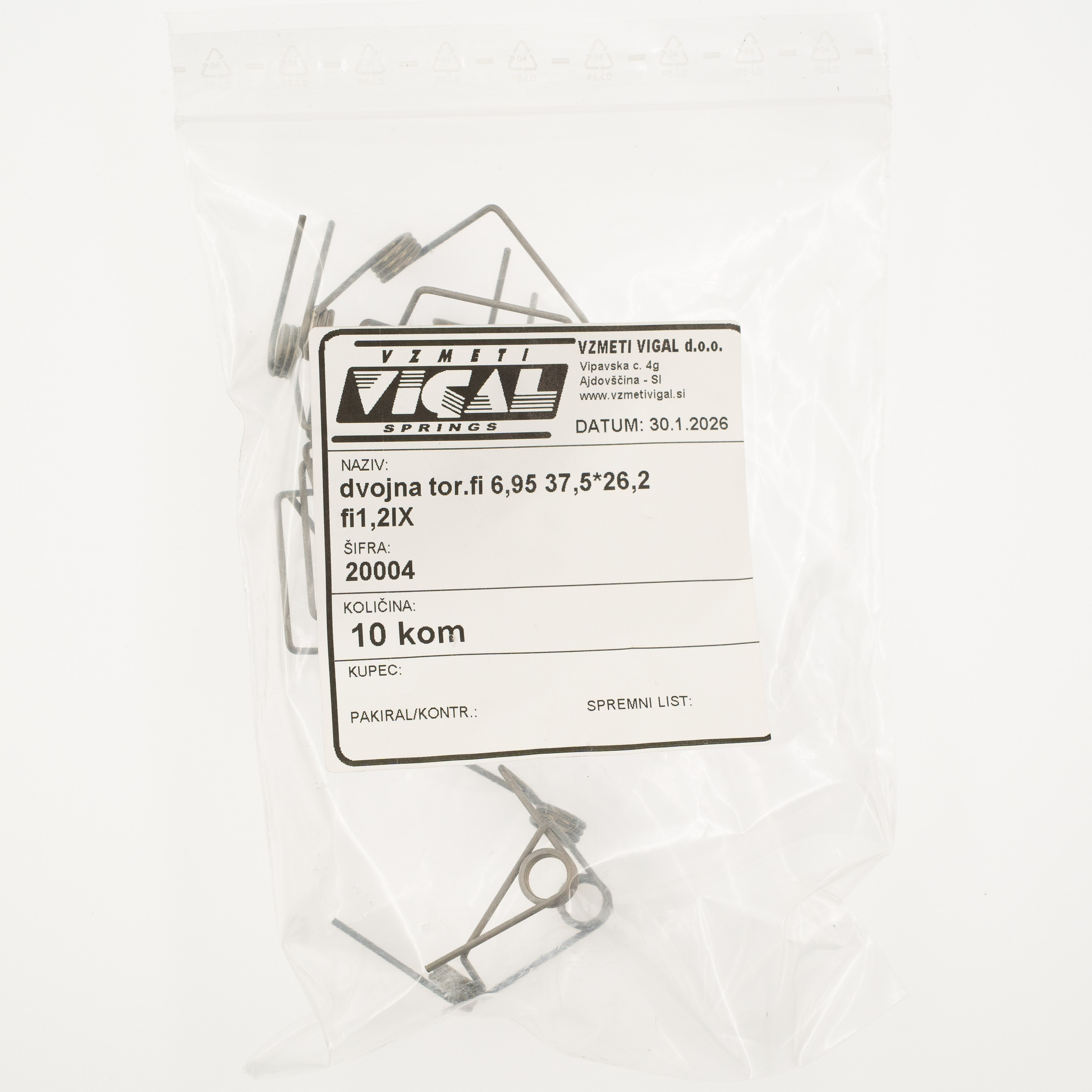 Torzijska vzmet dvojna tor.fi 6,95 37,5*26,2  fi1,2IX, pakirano po 10 kosov