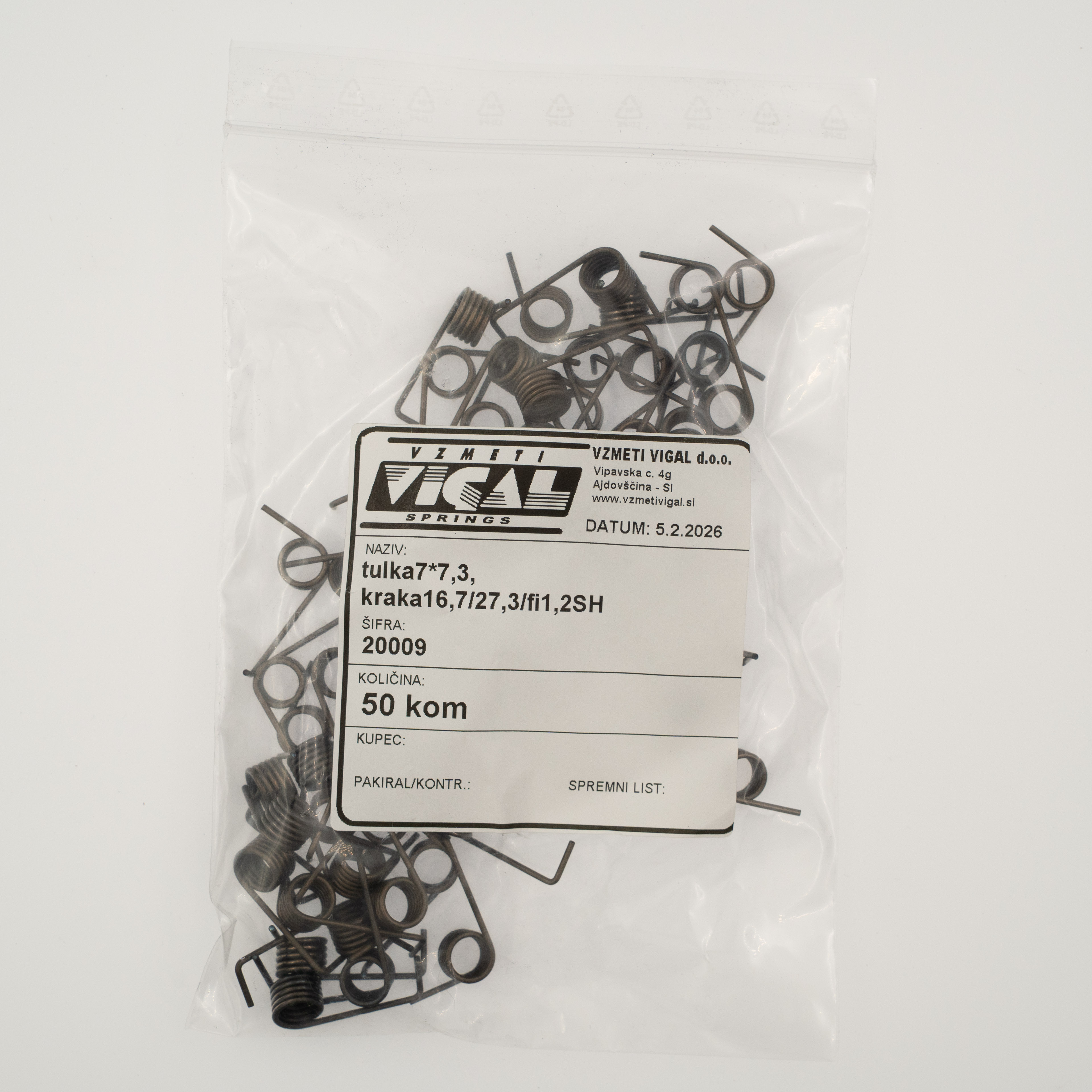 Torzijska vzmet tulka7*7,3, kraka16,7/27,3/fi1,2SH, pakirano po 50 kosov