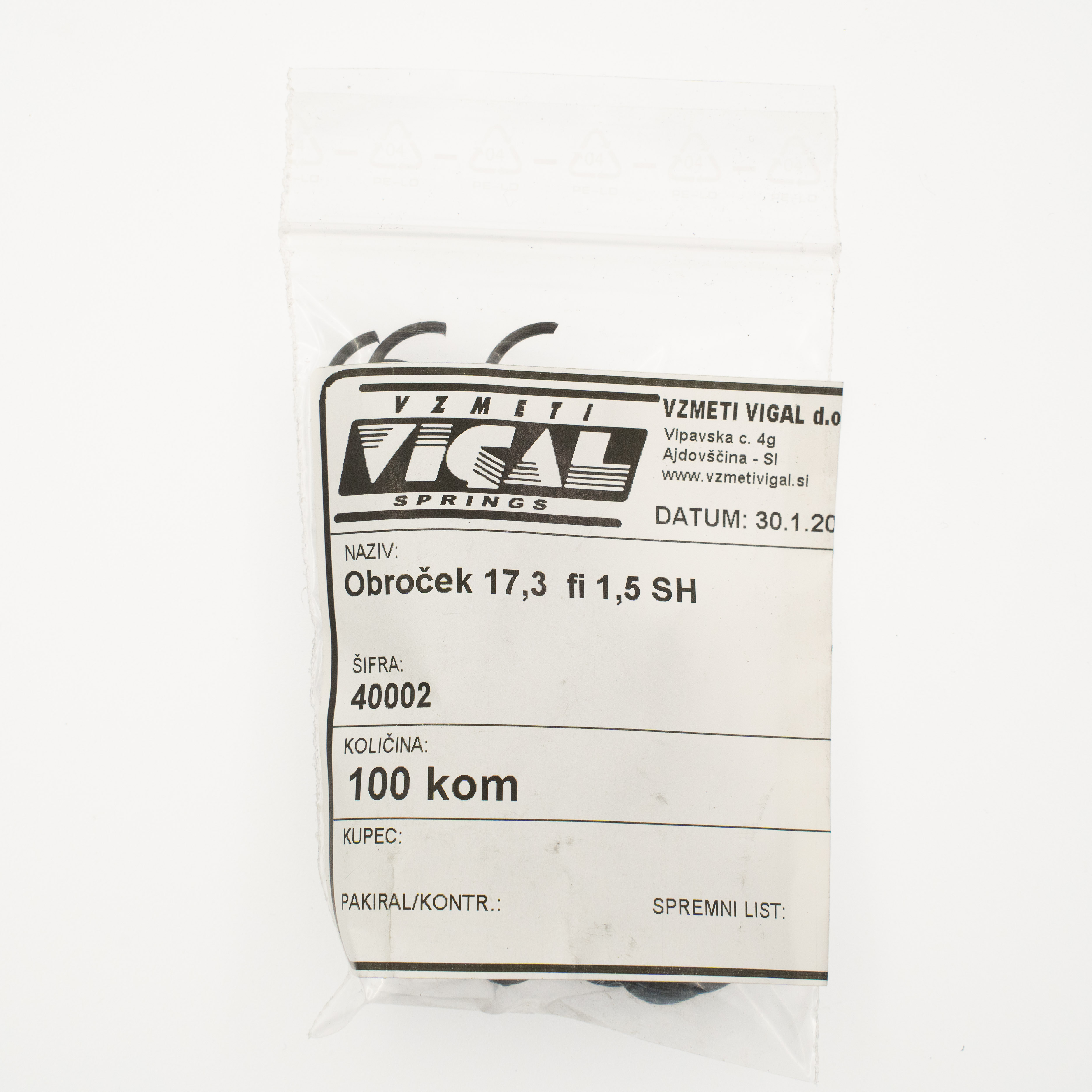 Obroček 17,3  fi 1,5 SH, pakirano po 100 kosov